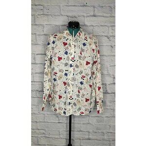 TALBOTS Womens Button Up Shirt Multicolor Paris Print 100% Cotton Long Sleeve L